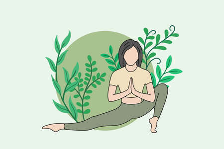 Woman meditating in peaceful nature illustration, yoga and healthy lifestyle concept, flat cartoon designのイラスト素材