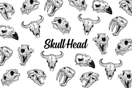 Set Dark illustration Skull Head Hand drawn Hatching Outline Styleのイラスト素材