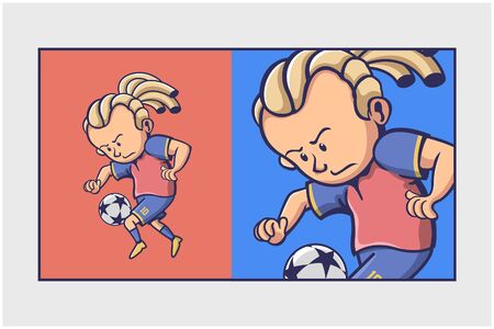 kid playing football retro style cartoon mascotのイラスト素材