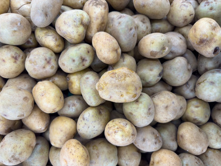 Heap of Fresh Raw Potatoes Displayed in Market Stallの写真素材