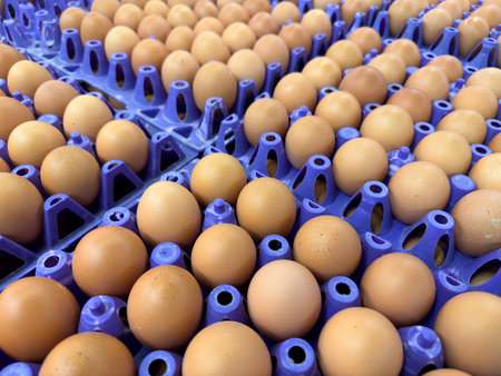 Close-up of brown eggs in blue trays at a marketの写真素材