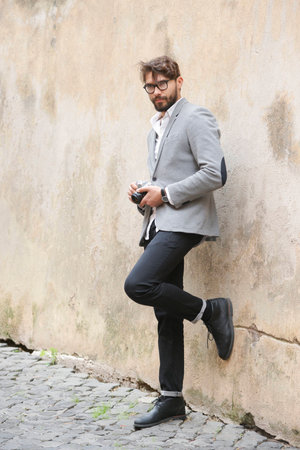fashion young man beauty walk in a cityの写真素材
