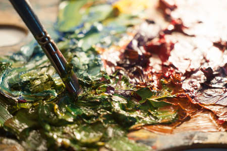Artist Palette Artist oil colour palette mixing colour beautiful color mix creative art close up microの写真素材