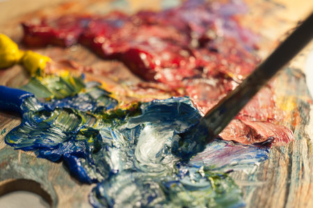 Artist Palette Artist oil colour palette mixing colour beautiful color mix creative art close up microの写真素材