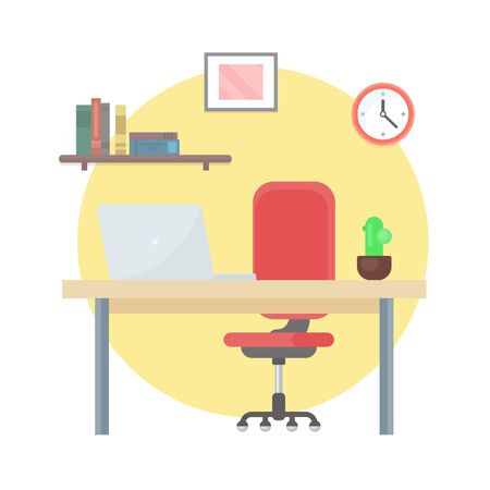 Workplace, wooden table with personal computer vector. Isolated desktop with laptop, business appliances, devices for workのイラスト素材