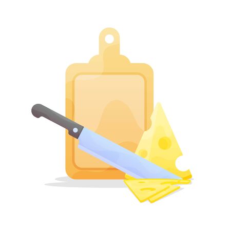 Knife Slicing Cheese on with Cutting Board. Preparation Vector flat Illustrationのイラスト素材