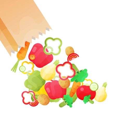 Vector illustration with Paper bag with fresh organic vegetables isolated on white background.のイラスト素材
