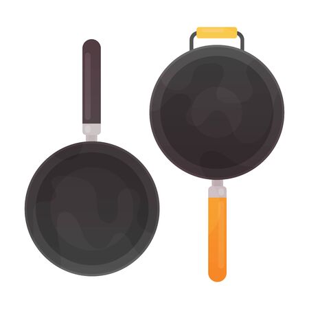 Empty frying pan and wok, top view isolated on white background.のイラスト素材