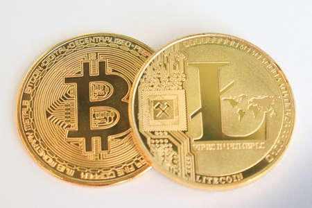 bitcoin litecoin and cryptocurrencies coin on white backgroundの写真素材