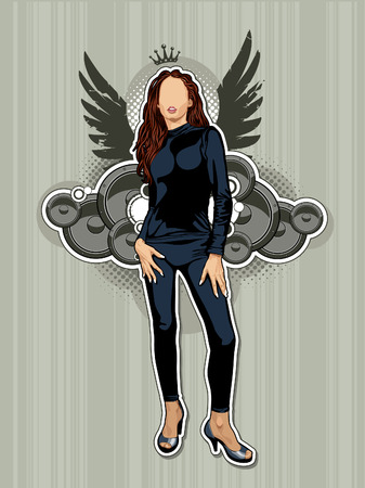Thin sexy girl with speakers on grunge background. Abstract vector illustration.のイラスト素材