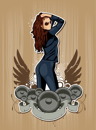 Thin sexy girl with speakers on grunge background. Abstract vector illustration.のイラスト素材