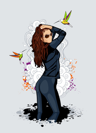 Thin sexy girl on bizarre background. Abstract vector illustration.のイラスト素材