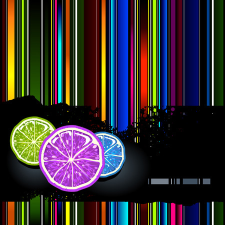 Vector background filled with vertical strips. There are some lemons on black damaged horizontal strip.  のイラスト素材