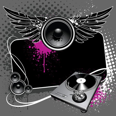 Speaker with wings and turntable on modern grunge backgroundのイラスト素材