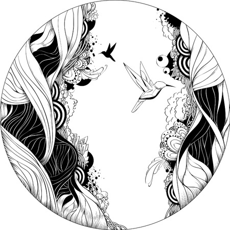 Bizarre vector illustration. Black and white ink sketch.のイラスト素材