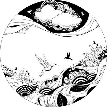 Bizarre vector illustration. Black and white ink sketch.のイラスト素材
