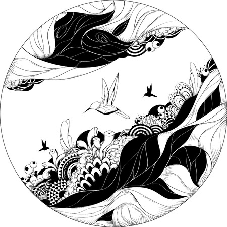 Bizarre vector illustration. Black and white ink sketch.のイラスト素材