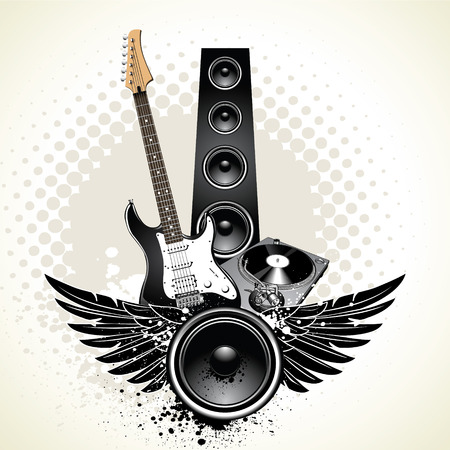 Speaker with wings and instruments on grunge backgroundのイラスト素材