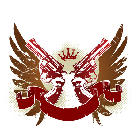 Abstract rock-n-roll image with two revolvers and wings のイラスト素材
