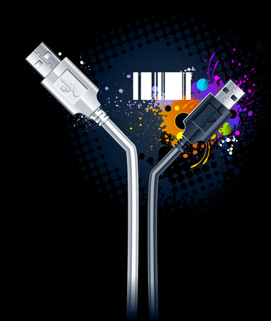Two USB cables on bright graffiti background. Vector illustration.のイラスト素材