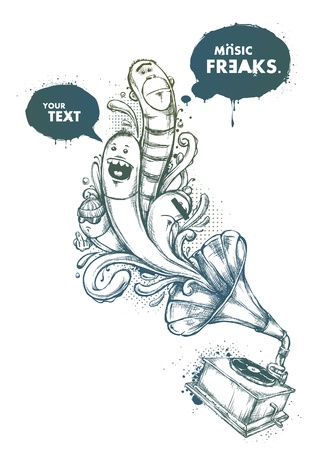 Modern sketchy style image of gramophone with freaks. Layered. Vector EPS 10 illustration.のイラスト素材