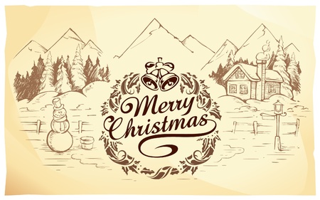 Calligraphic Christmas lettering with hand drawn winter landscape.のイラスト素材