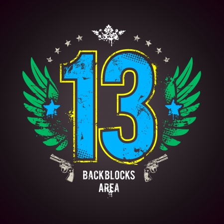 Grunge print with lucky 13 number. Vector illustration.のイラスト素材