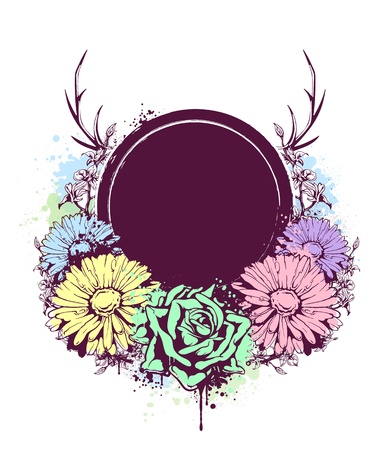 Grunge circle banner with flowers. Vector illustration.のイラスト素材