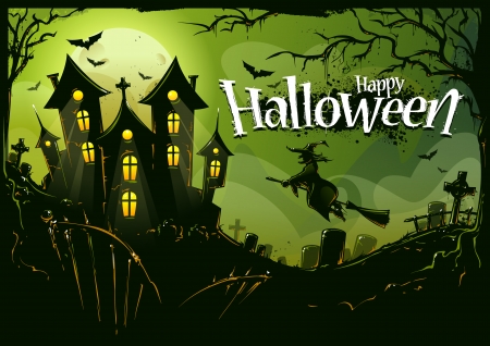 Halloween background with witch flying to castle. Cemetery landscape, scary trees, bats and road house. Halloween poster. Vector illustration.のイラスト素材