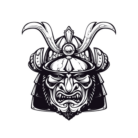 Samurai mask clip-art. Black and white version isolated on white. Japanese traditional martial mask. Vector EPS 10 illustration. のイラスト素材