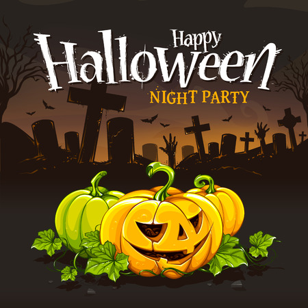 Halloween card design template. Cartoon pumpkins on cemetery background. Halloween grunge typography. のイラスト素材