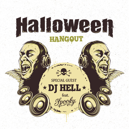 Halloween party flyer template. Zombie with headphones and speakers. Halloween typography. のイラスト素材