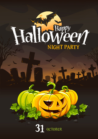Halloween poster design template. Cartoon pumpkins on cemetery background. のイラスト素材