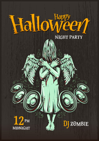 Halloween party poster template. Zombie girl with speakers. Halloween typography. のイラスト素材