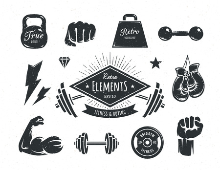 Set of retro styled fitness design elements. Vintage gym and boxing attributes. Vector illustrations.のイラスト素材