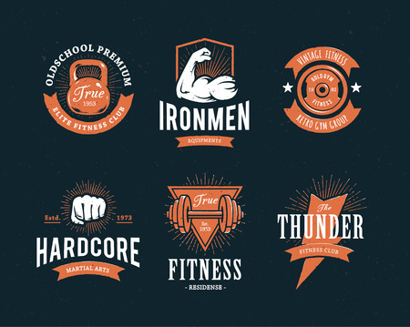 Set of retro styled fitness emblems. Vintage gym icon templates. Vector illustrations.のイラスト素材