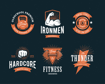 Set of retro styled fitness emblems. Vintage gym icon templates. Vector illustrations.