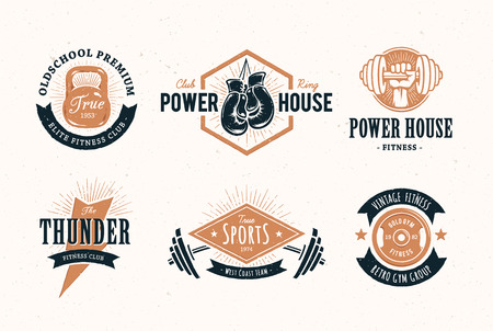 Set of retro styled fitness emblems. Vintage gym icon templates. Vector illustrations.のイラスト素材