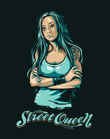 Long-haired tattooed grunge styled lady. Street queen typography. Cool grunge portrait. Vector art.のイラスト素材