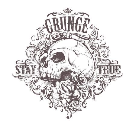 Grunge skull art. Vintage floral pattern. Grunge print. Vector art.のイラスト素材