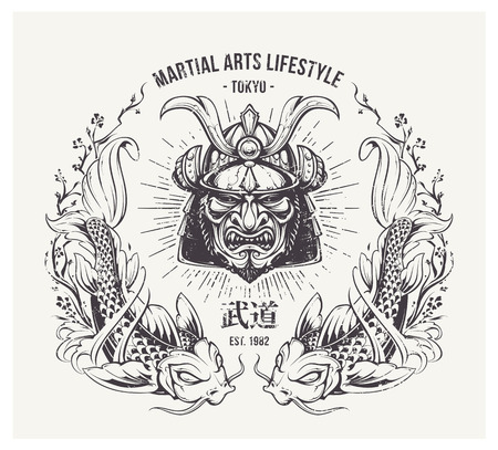 Military japanese print with samurai mask and koi fishes. Tattoo styled vector art.のイラスト素材