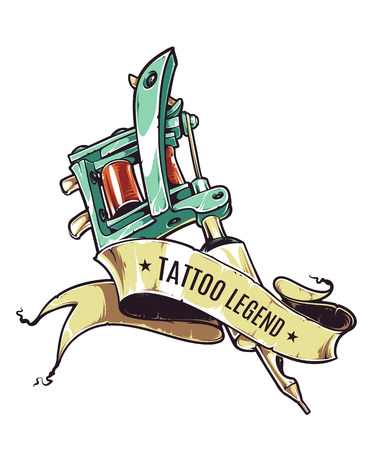 Retro styled illustration of tattoo machine with ribbon on white background.のイラスト素材