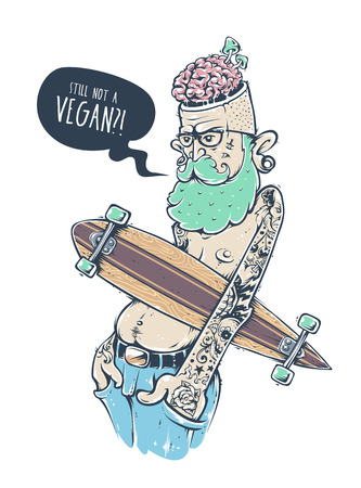 Bizarre hipster character with tattoos and longboard. Crazy graffiti style illustration. Vector art.のイラスト素材