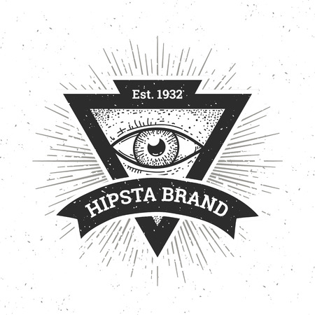 Dotwork hipster banner. Triangle shape with eye and ribbon. Vector art.のイラスト素材