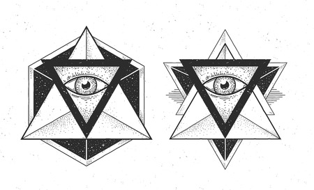 Abstract geometrics with eyes in triangle. Two abstract hipster styled shapes. Dotwork style vector art.のイラスト素材