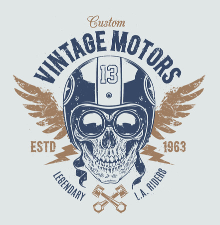 Rider skull with retro racer attributes. Grunge print. Vintage style. Vector art.のイラスト素材