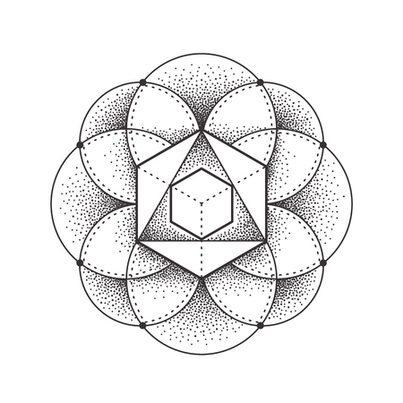 Abstract sacred geometry. Geometric symmetric pattern isolated on white. Dotwork style vector illustration.のイラスト素材