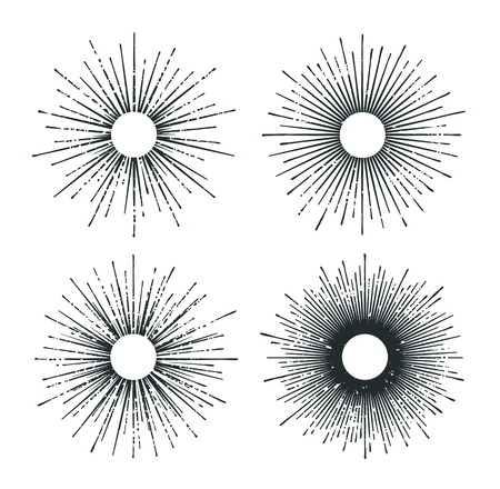 Vector sunbursts isolated on white. Vintage design elements. Retro style decorative sun beams. Hand drawn radial sunshine shapes.のイラスト素材