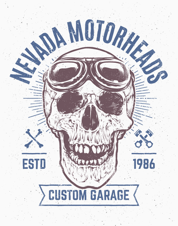 Grunge art of skull with retro racer glasses and typography. Print design. Vector illustration.のイラスト素材
