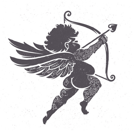 Vector Cupid silhouette with tattoos. Retro stiled ink art.のイラスト素材